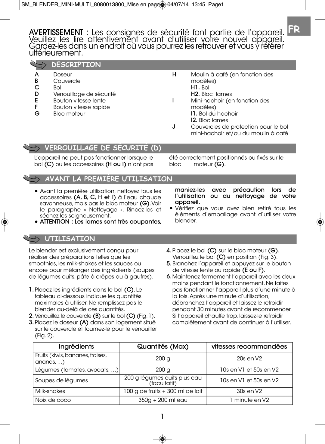 Tefal BL1261KR manual Description, Verrouillage DE Sécurité D, Avant LA Première Utilisation 