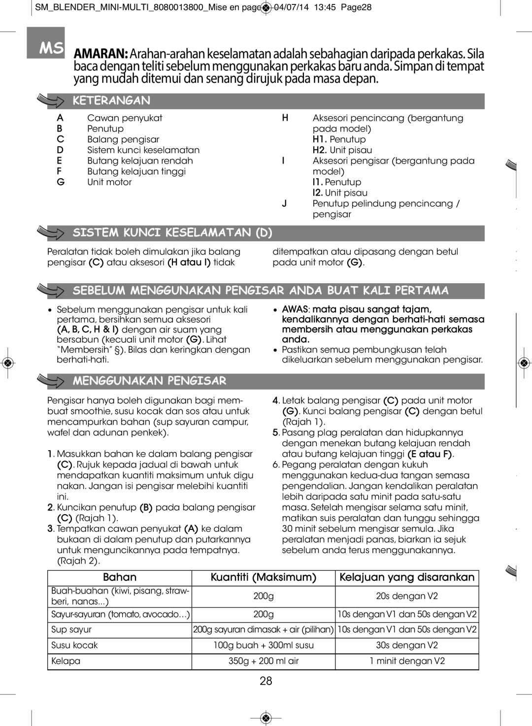 Tefal BL1261KR manual Keterangan, Sistem Kunci Keselamatan D, Sebelum Menggunakan Pengisar Anda Buat Kali Pertama 