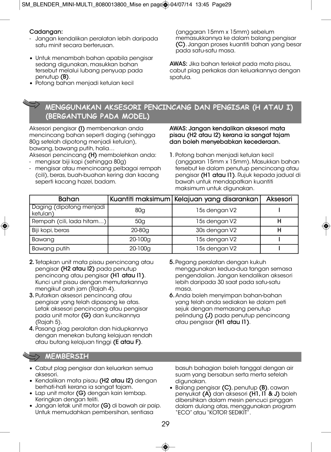 Tefal BL1261KR manual Membersih, Bahan Kuantiti maksimum Kelajuan yang disarankan Aksesori, Cadangan 