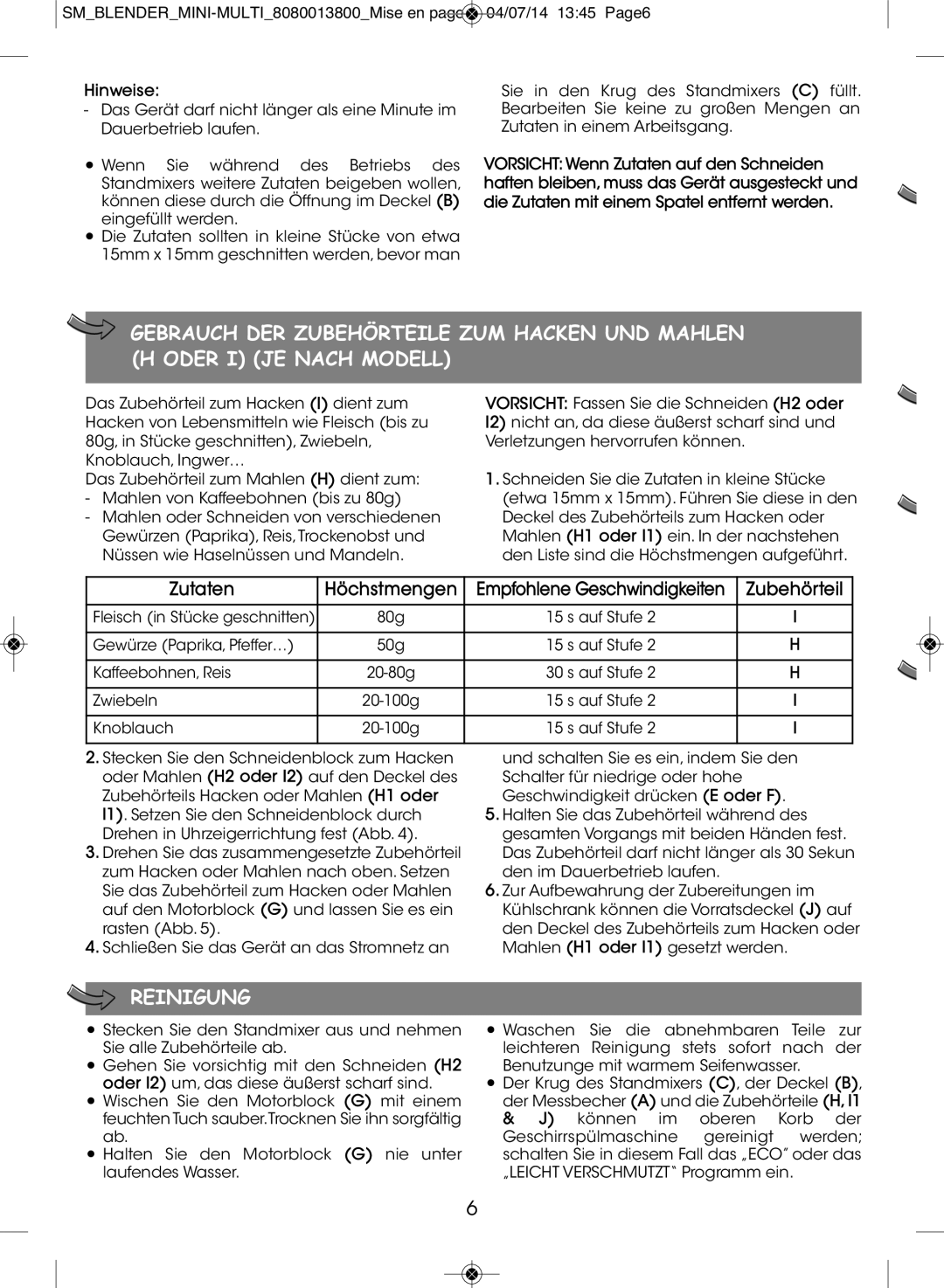 Tefal BL1261KR manual Reinigung, Zutaten Höchstmengen, Zubehörteil, Hinweise, Empfohlene Geschwindigkeiten 