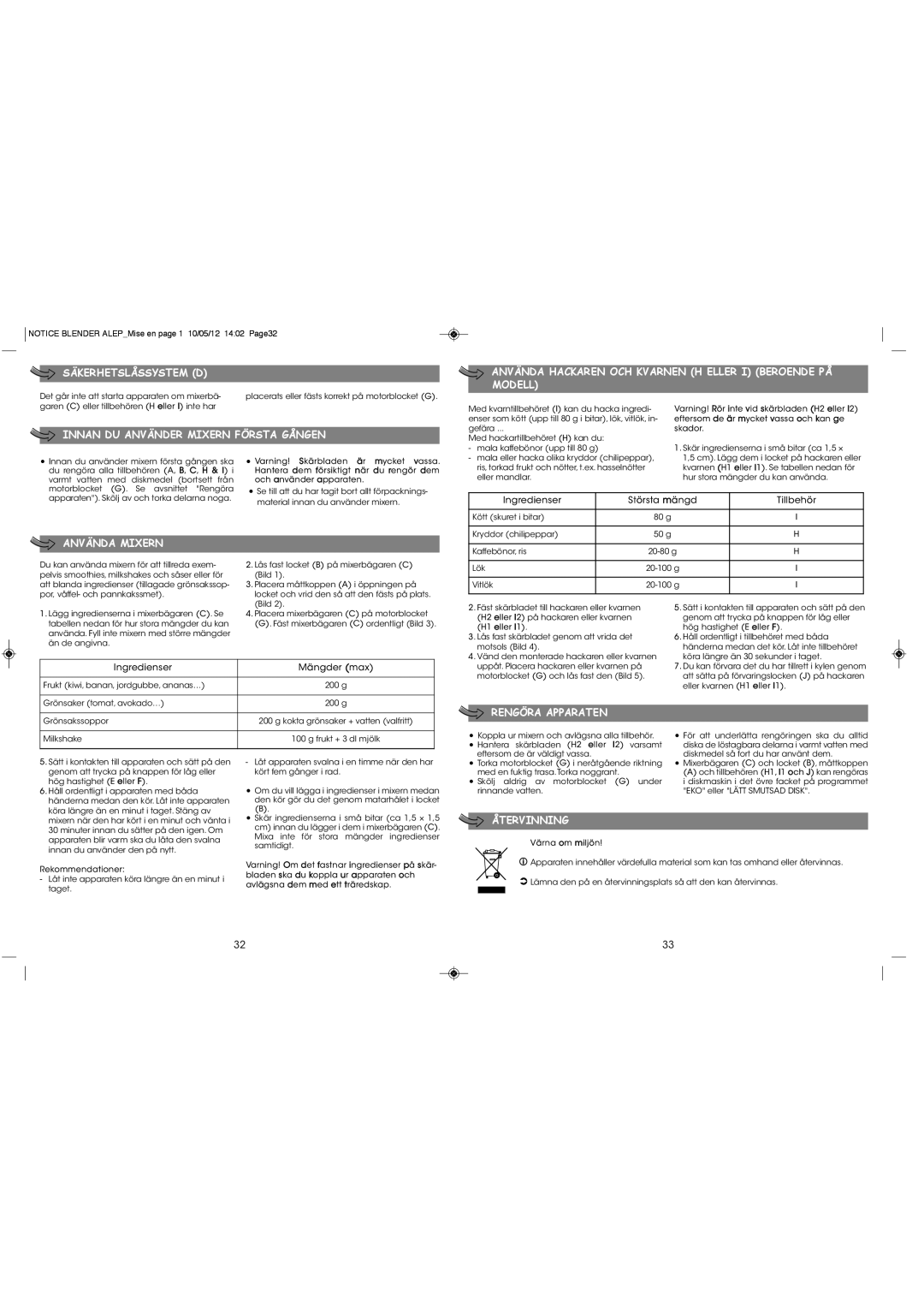 Tefal BL126D51, BL126D74 manual Ingredienser Största mängd Tillbehör, Ingredienser Mängder max 