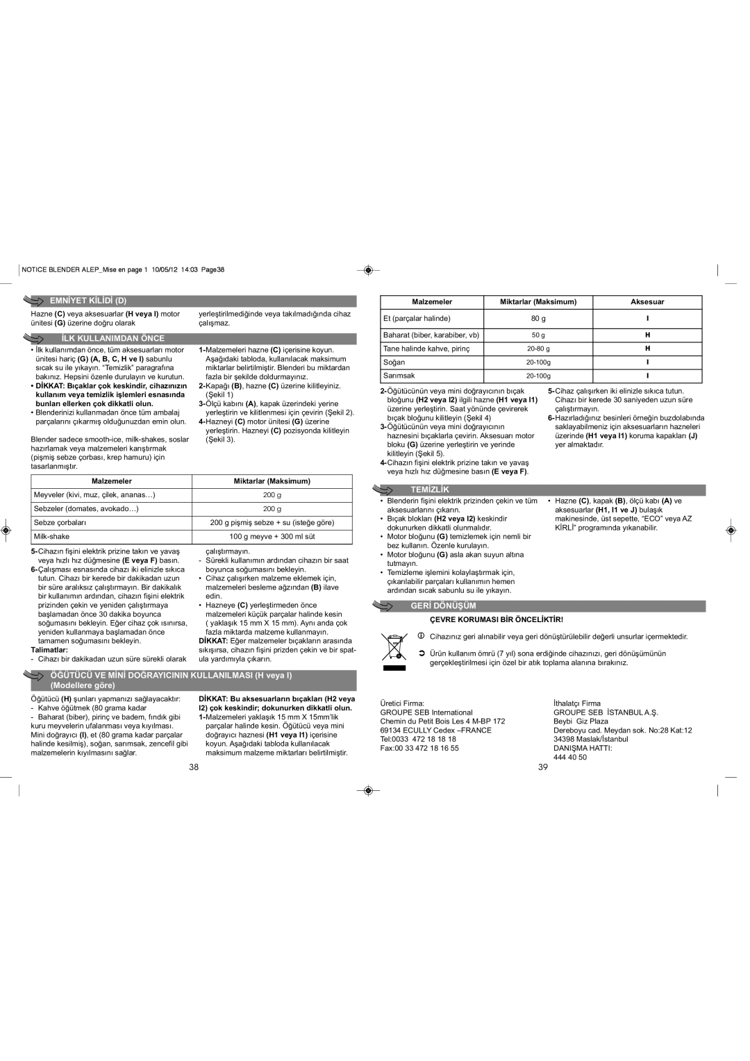 Tefal BL142A42 manual Ünitesi hariç G A, B, C, H ve I sabunlu, Dİkkat Bıçaklar çok keskindir, cihazınızın, Talimatlar 