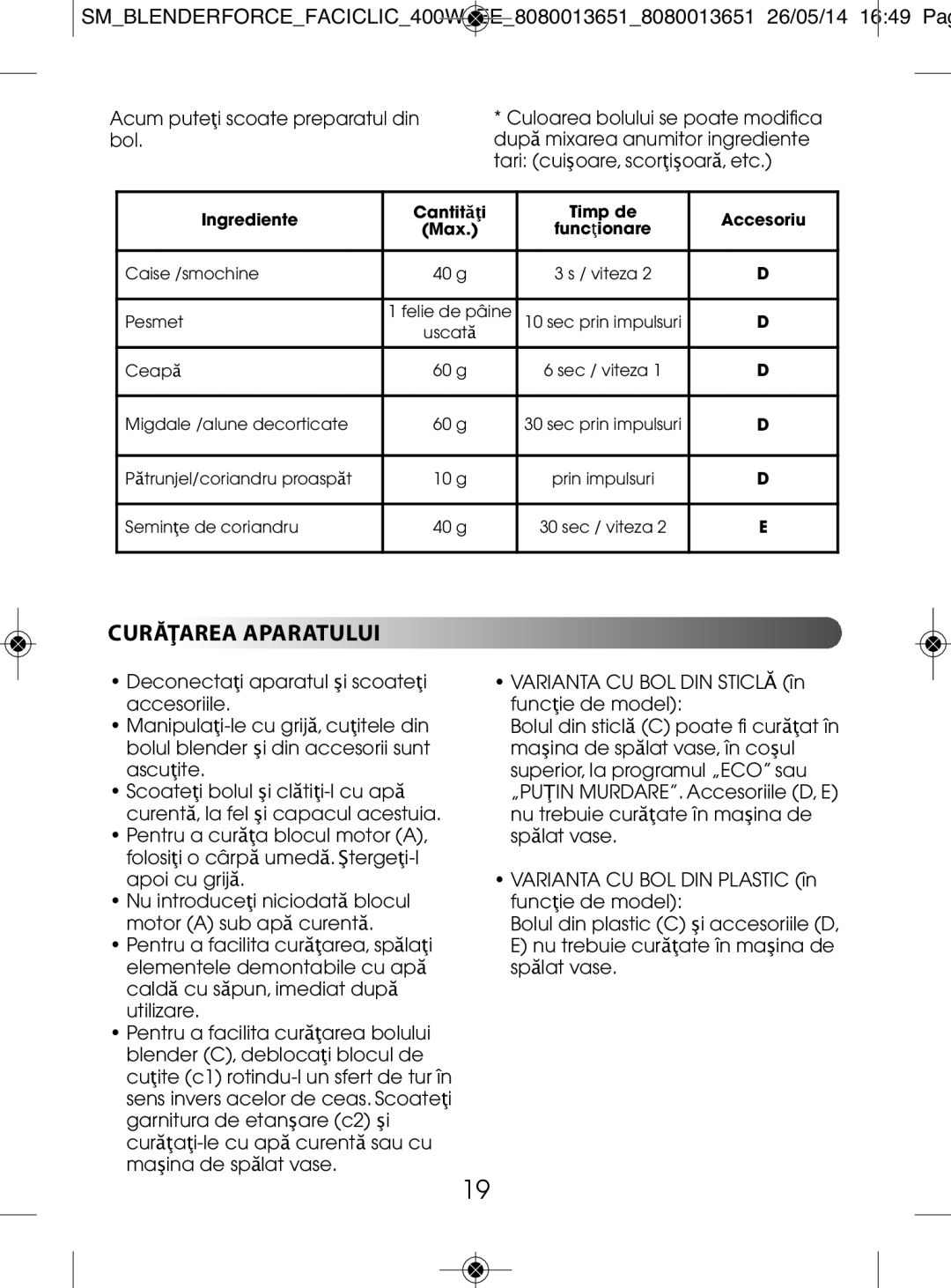 Tefal BL300138, BL3001AC manual Curăţarea Aparatului, Deconectaţi aparatul şi scoateţi, Func ie de model, Poate fi cur 