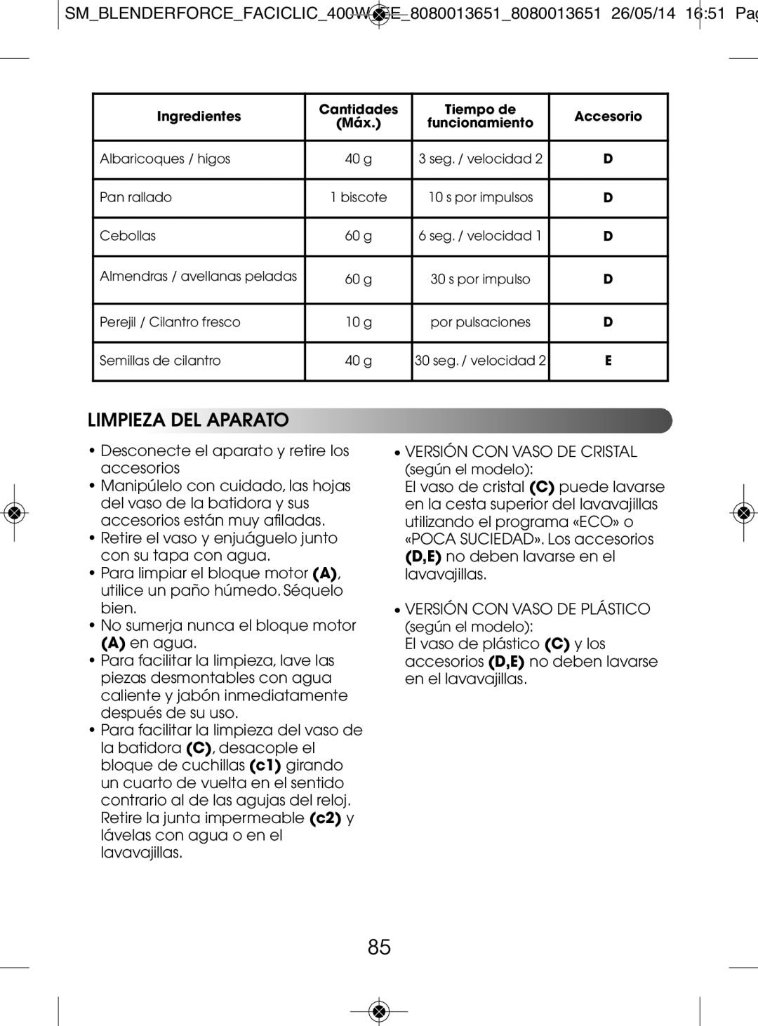 Tefal BL300138, BL3001AC manual Limpieza DEL Aparato, Ingredientes Cantidades Tiempo de Accesorio Máx 