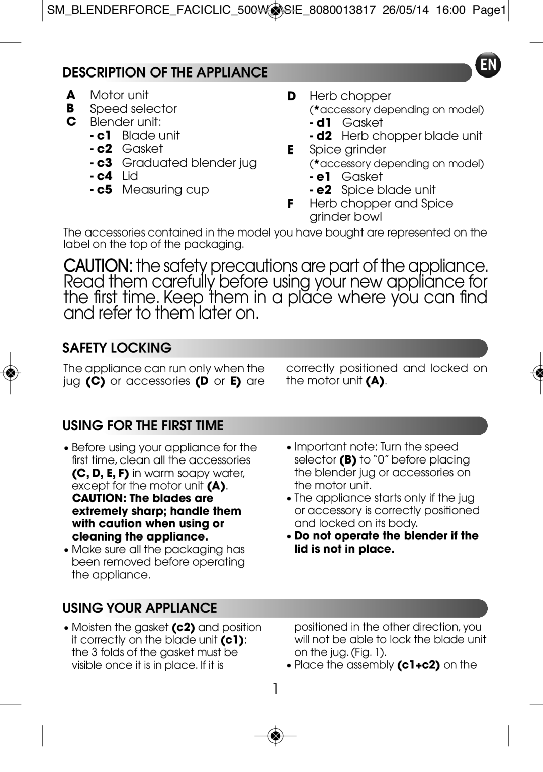 Tefal BL3081TH manual Safety Locking 