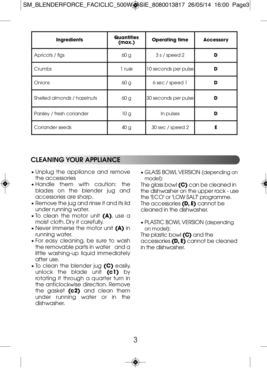 Tefal BL3081TH manual Cleaning Your Appliance 