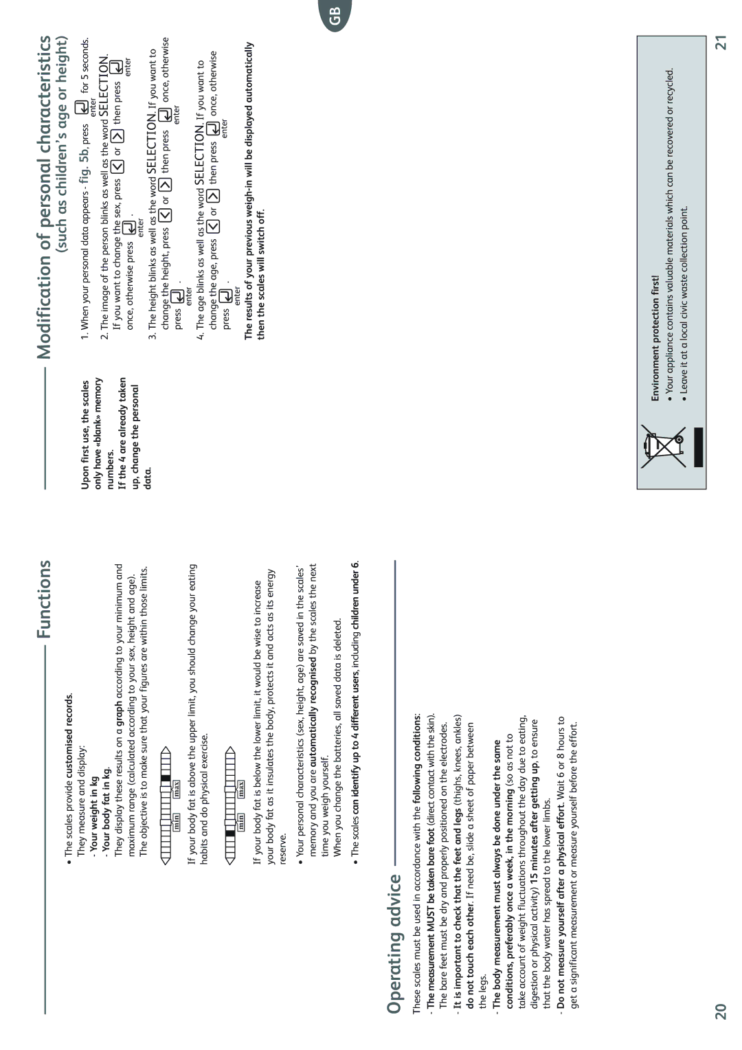 Tefal BM2024B9 Functions, Modification of personal characteristics, Operating advice, Such as children’s age or height 