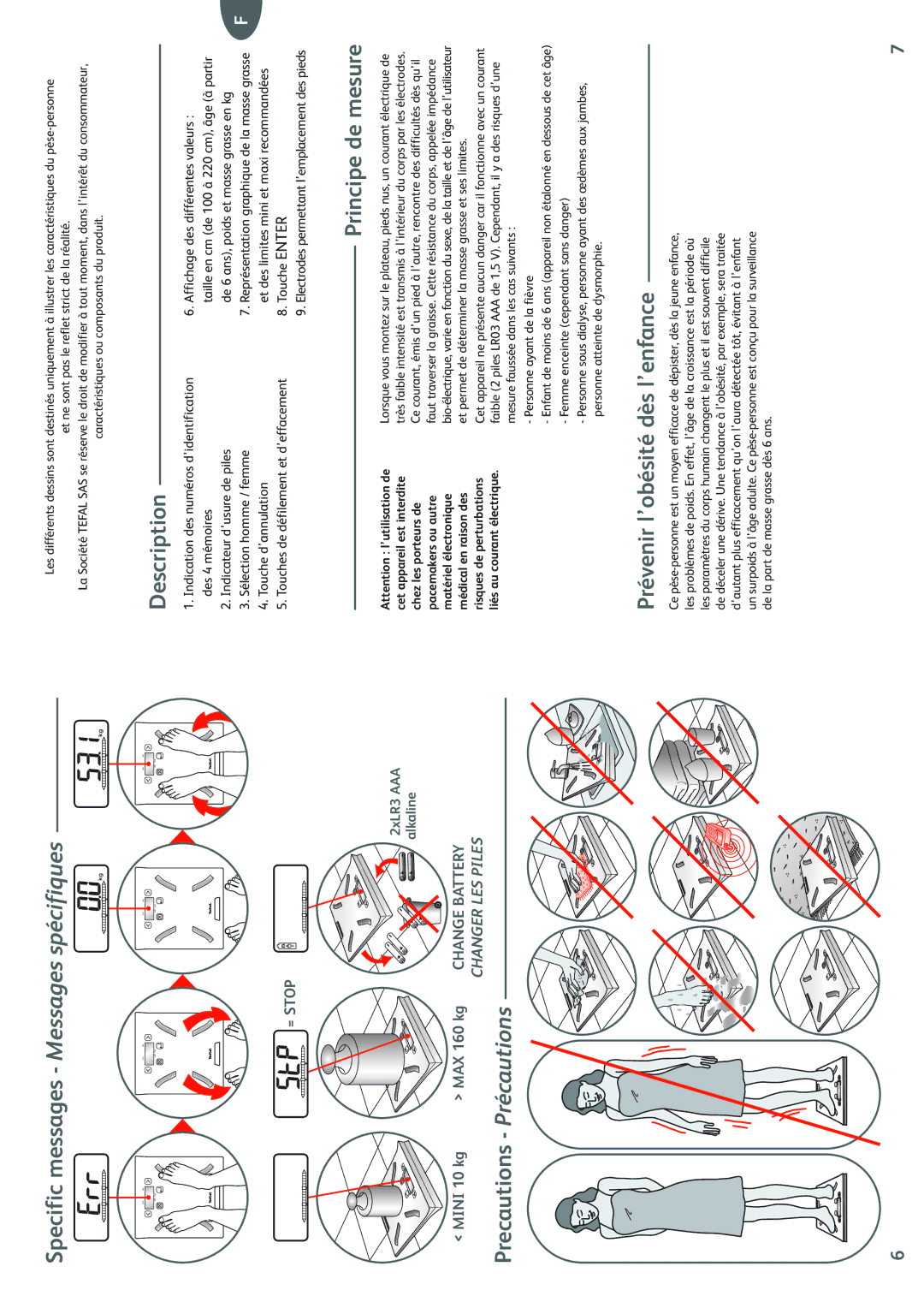 Tefal BM2024F9, BM2024A9 Specific messages Messages spécifiques, Description, Precautions Précautions Principe de mesure 