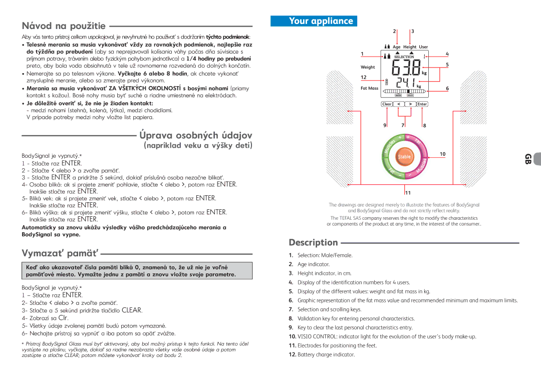 Tefal BM3021N6, BM3021N5, BM3021P0 Návod na použitie, Úprava osobných údajov, Vymazať pamäť, Your appliance, Description 