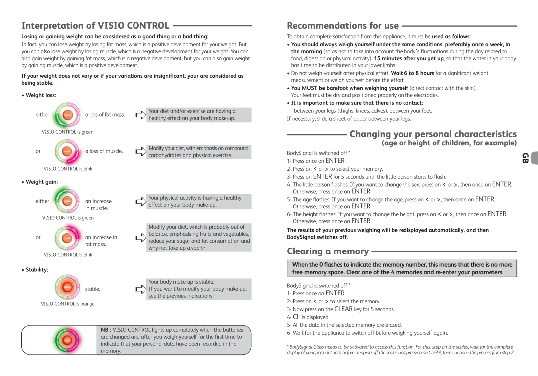 Tefal BM3021F0, BM3021N5 Interpretation of Visio Control, Recommendations for use, Changing your personal characteristics 