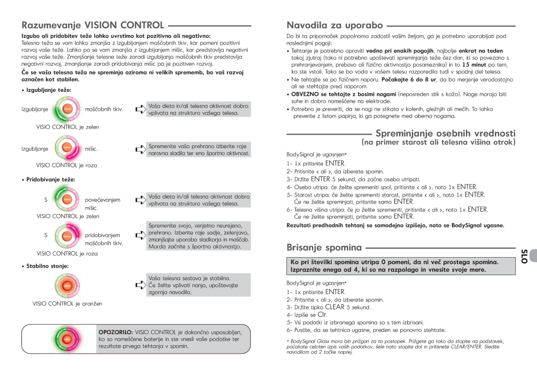 Tefal BM3021N6, BM3021N5 Razumevanje Vision Control, Navodila za uporabo, Spreminjanje osebnih vrednosti, Brisanje spomina 