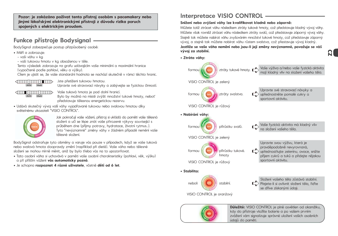 Tefal BM3021N6, BM3021N5, BM3021P0 manual Funkce přístroje Bodysignal, Interpretace Visio Control, Nabírání váhy, Stabilita 