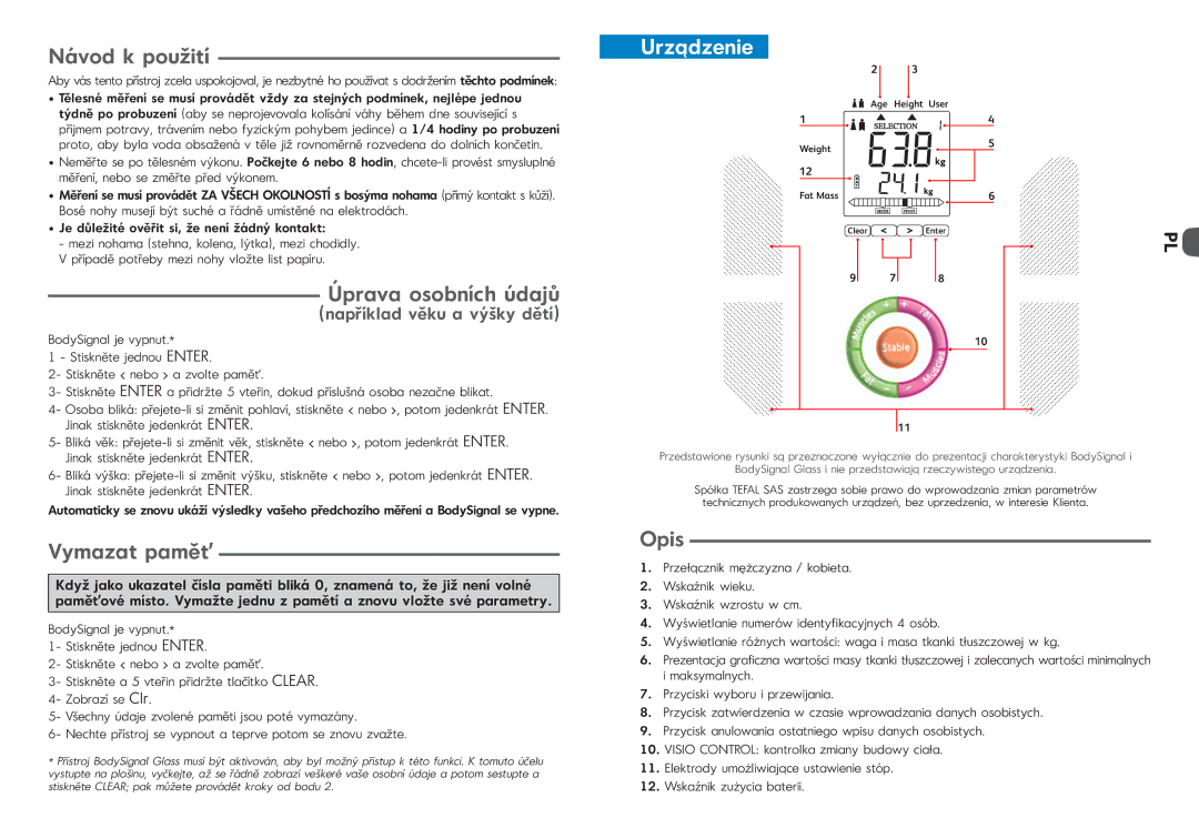 Tefal BM3021Z0, BM3021N5, BM3021P0, BM3021N6 manual Návod k použití, Úprava osobních údajů, Vymazat paměť, Urządzenie, Opis 