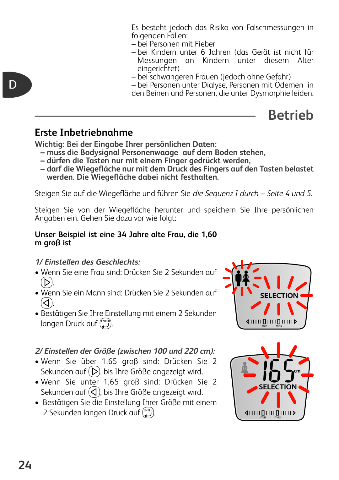 Tefal BM3100Z0 Betrieb, Erste Inbetriebnahme, Einstellen des Geschlechts, Einstellen der Größe zwischen 100 und 220 cm 