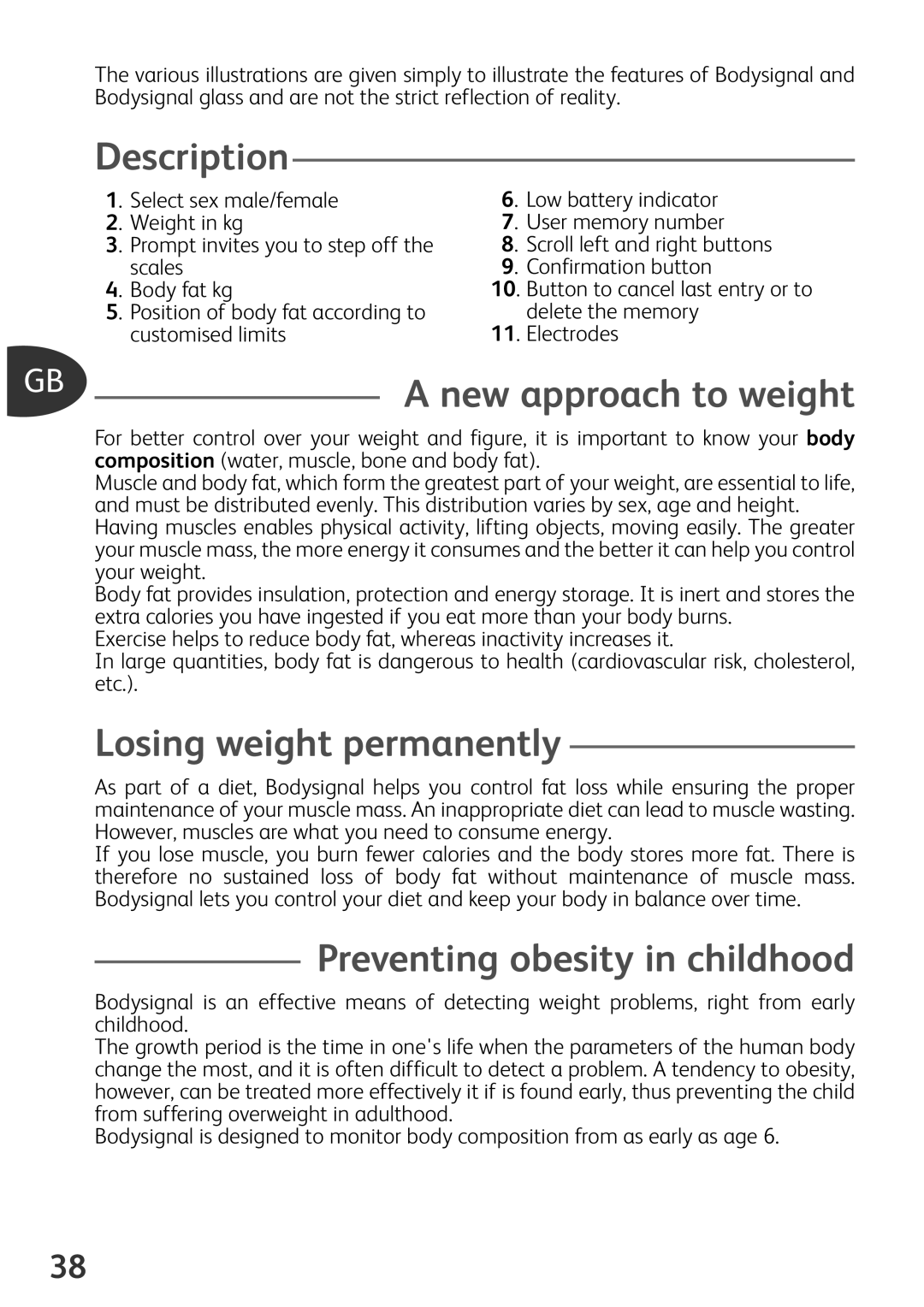 Tefal BM3100Z0 New approach to weight, Losing weight permanently, Preventing obesity in childhood, Low battery indicator 