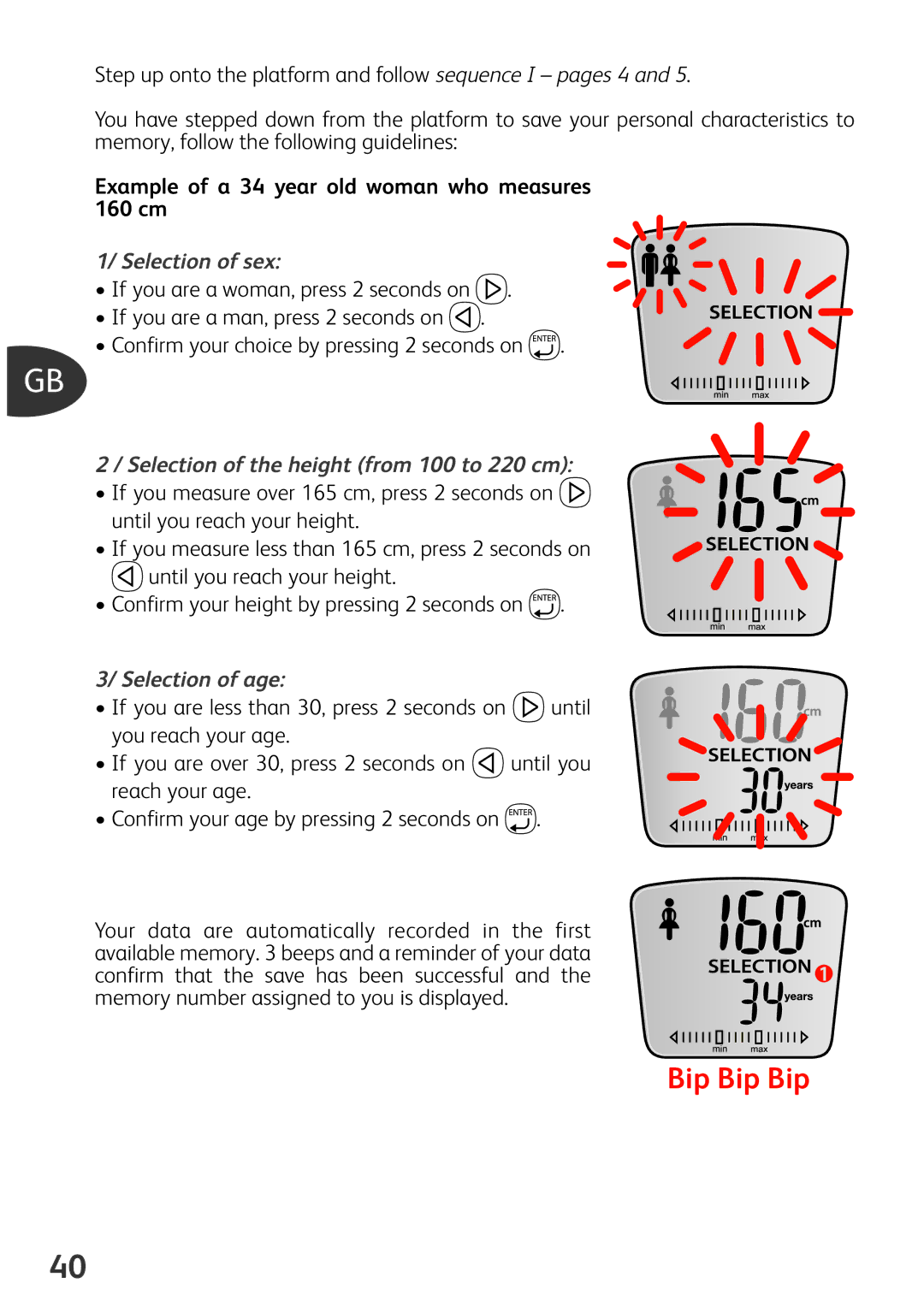 Tefal BM3100Z0, BM3100A9 manual Example of a 34 year old woman who measures 160 cm, Selection of sex, Selection of age 