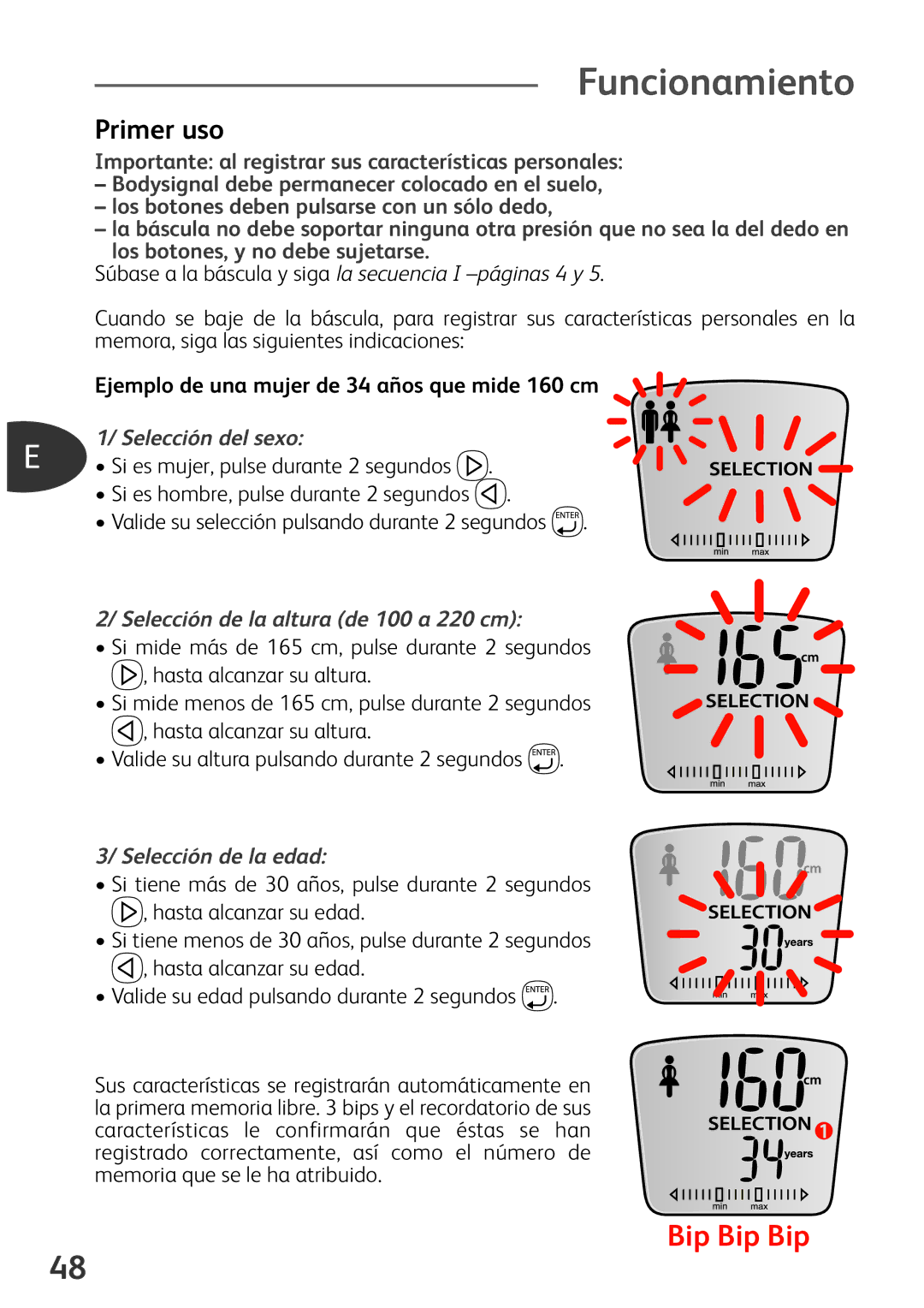 Tefal BM3100Z0, BM3100A9 manual Primer uso, Selección del sexo, Selección de la altura de 100 a 220 cm, Selección de la edad 