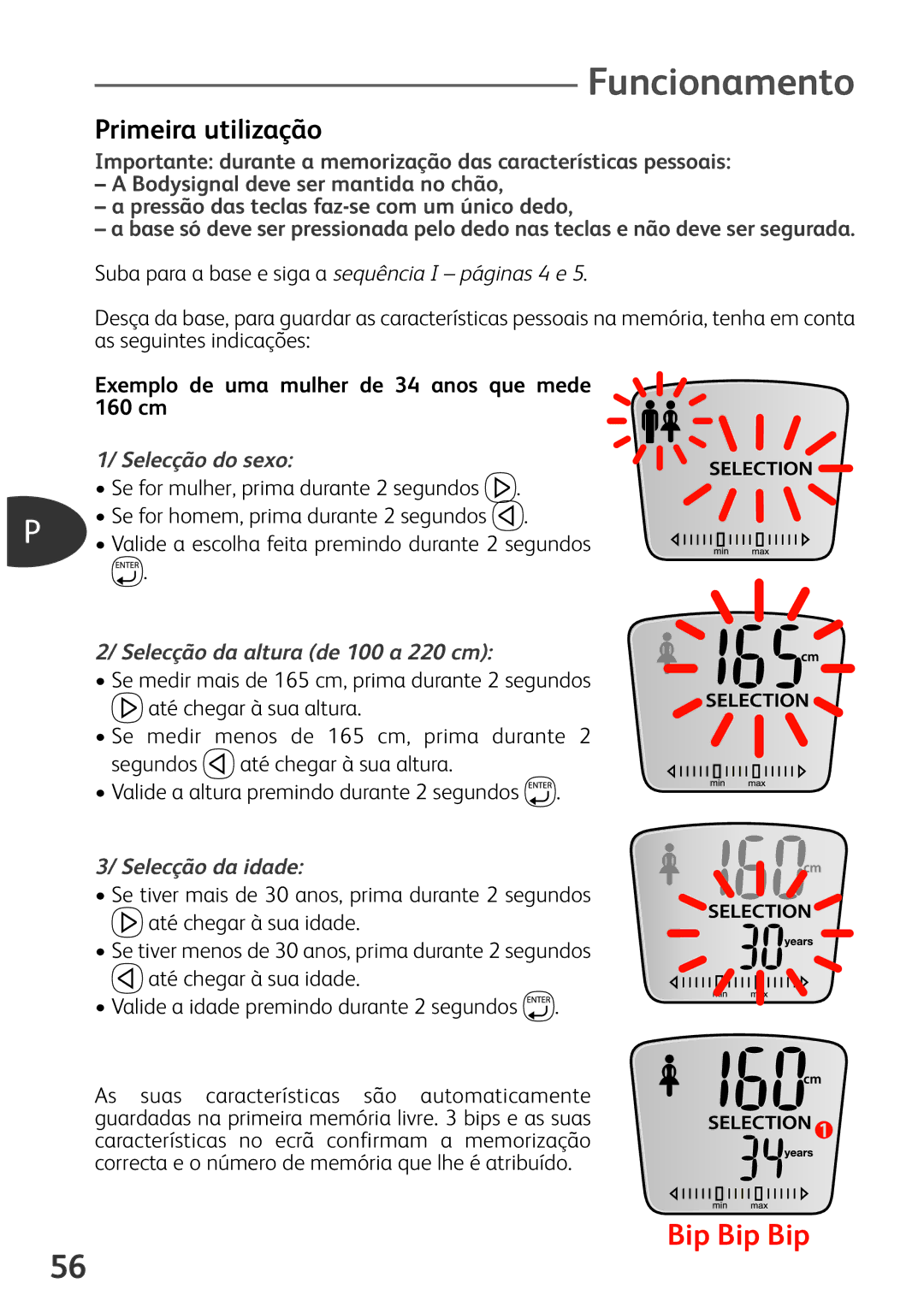 Tefal BM3100Z0 Funcionamento, Primeira utilização, Selecção do sexo, Selecção da altura de 100 a 220 cm, Selecção da idade 