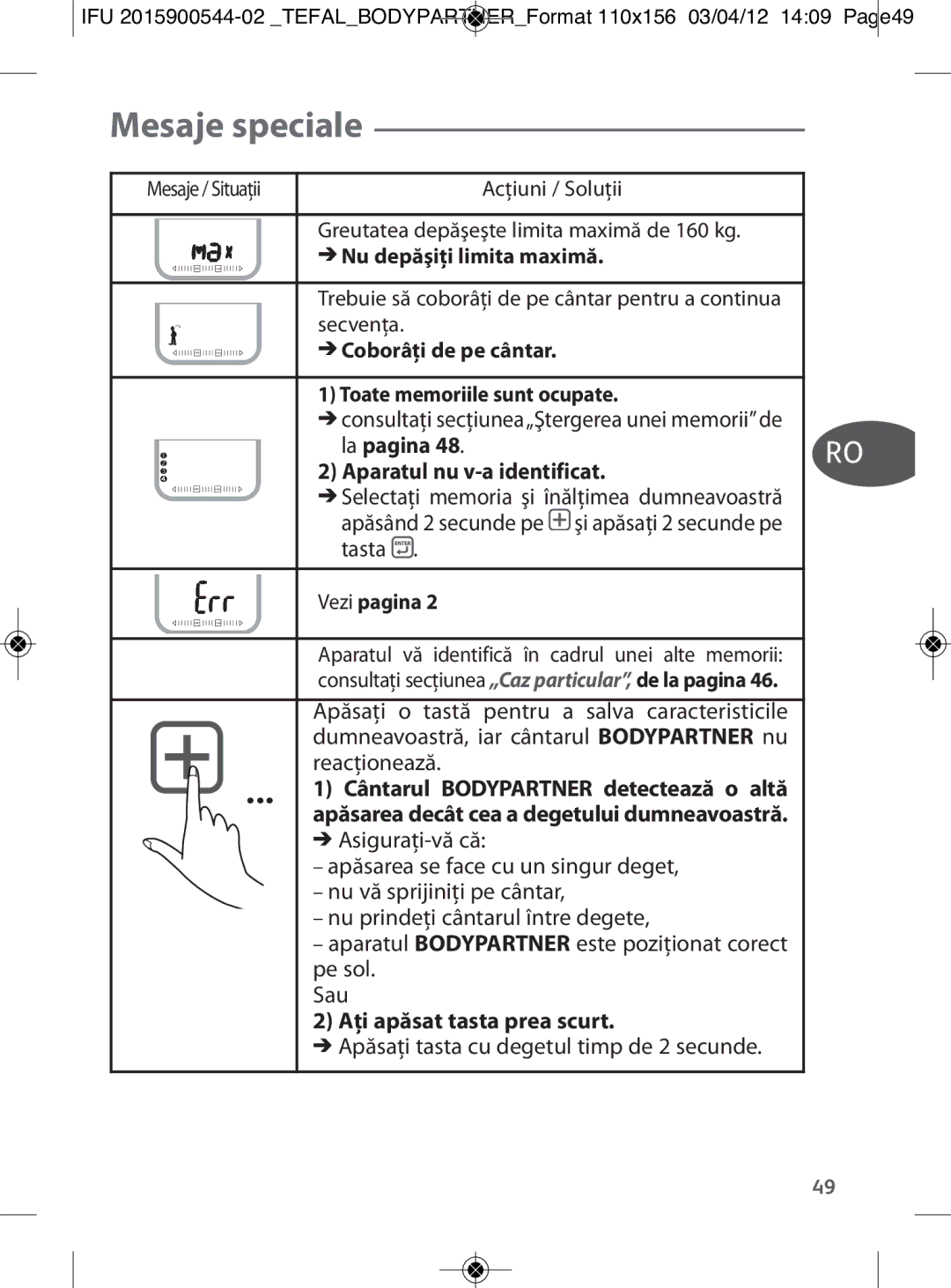 Tefal BM6000V0 manual Mesaje speciale, Aparatul nu v-a identificat, Aţi apăsat tasta prea scurt 