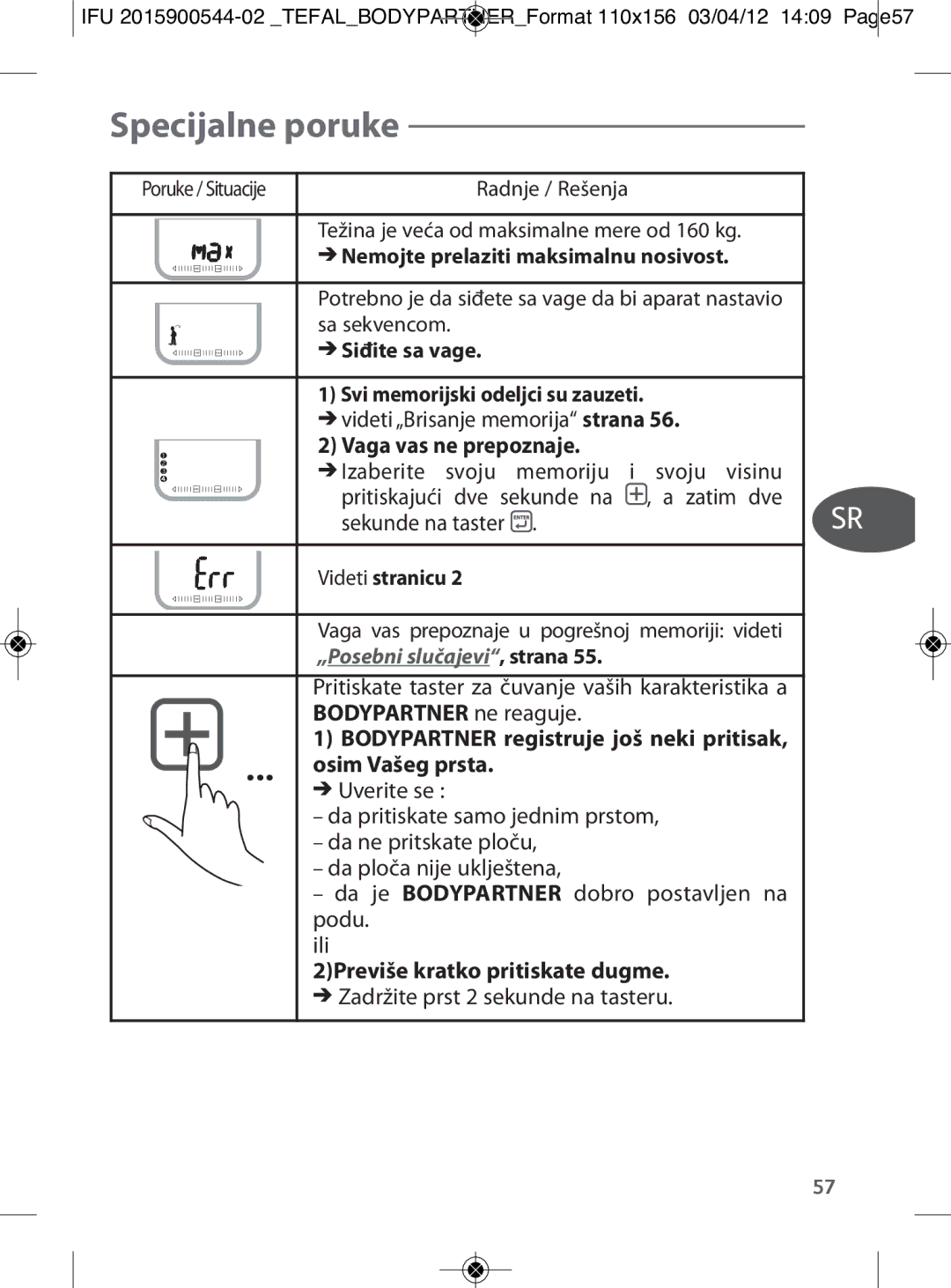 Tefal BM6000V0 manual Specijalne poruke, Vaga vas ne prepoznaje, 2Previše kratko pritiskate dugme 