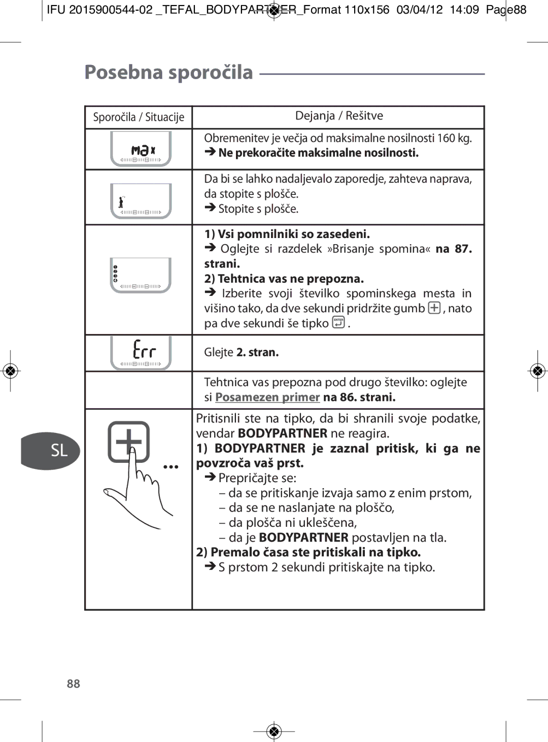 Tefal BM6000V0 manual Posebna sporočila, Bodypartner je zaznal pritisk, ki ga ne, Povzroča vaš prst 