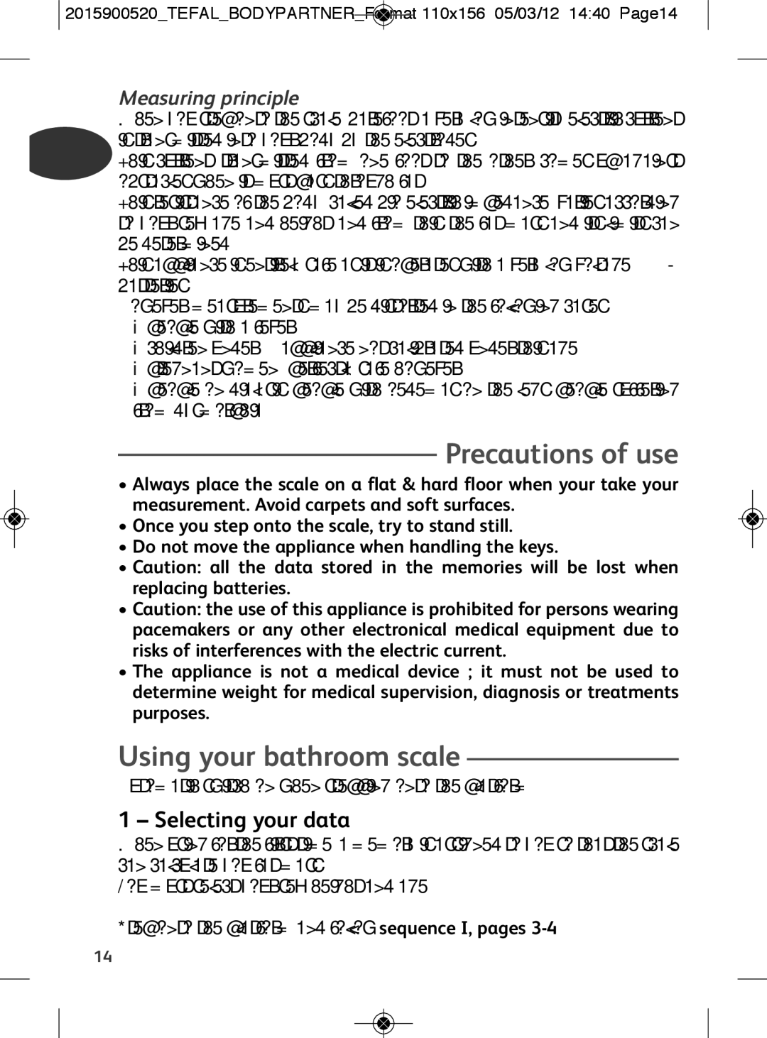 Tefal BM6001BI, BM6001V0 manual Precautions of use, Using your bathroom scale, Selecting your data, Measuring principle 