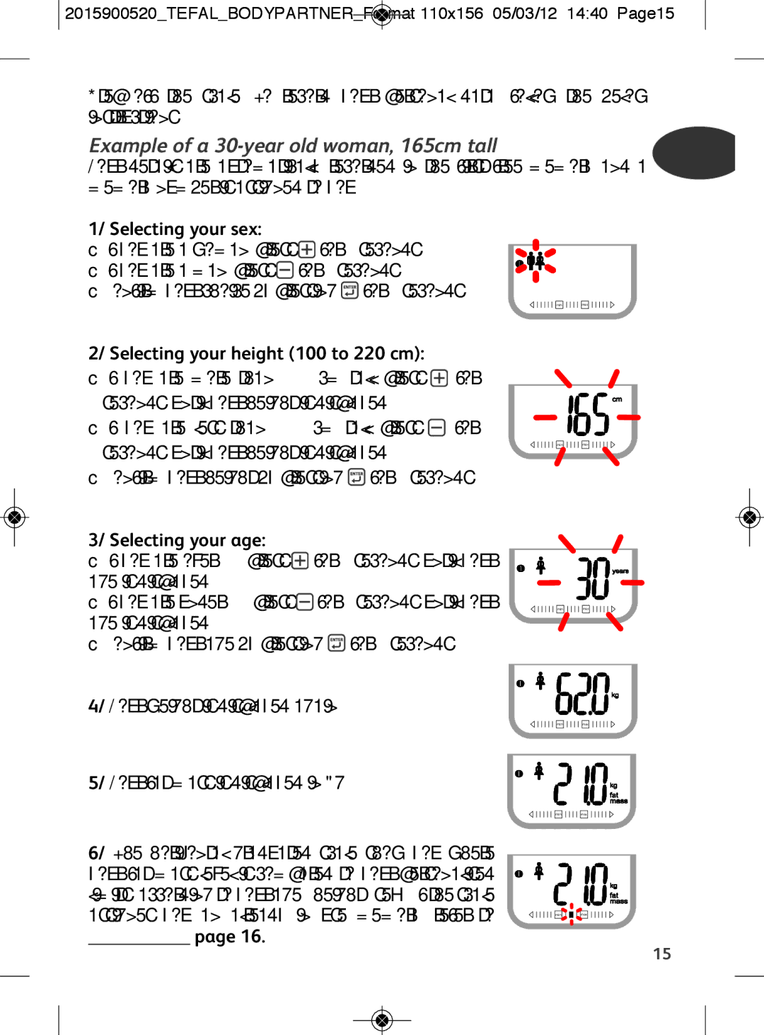 Tefal BM6001V0 manual Example of a 30-year old woman, 165cm tall, Selecting your sex, Selecting your height 100 to 220 cm 