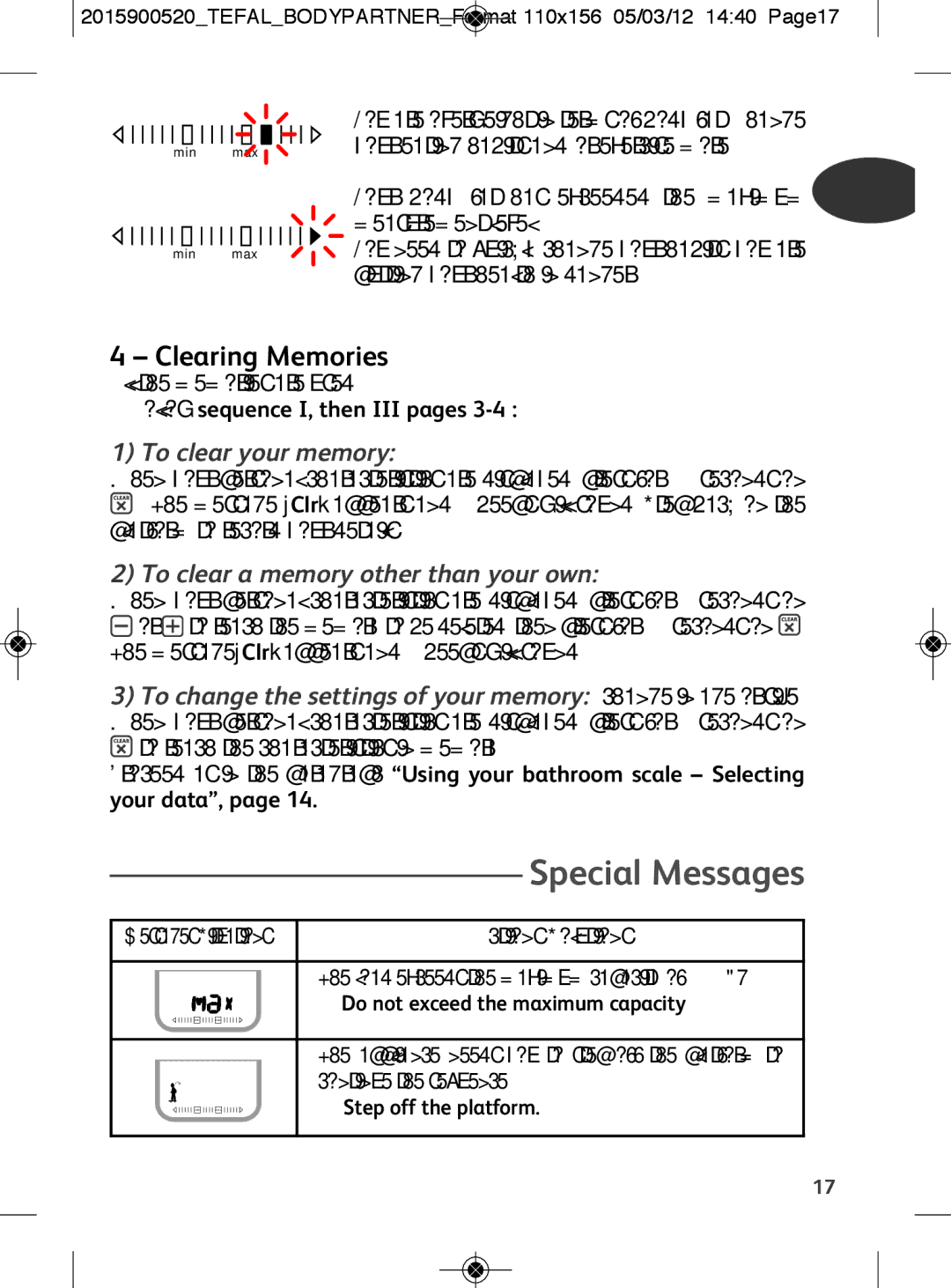 Tefal BM6001V0, BM6001BI Special Messages, Clearing Memories, To clear your memory, To clear a memory other than your own 