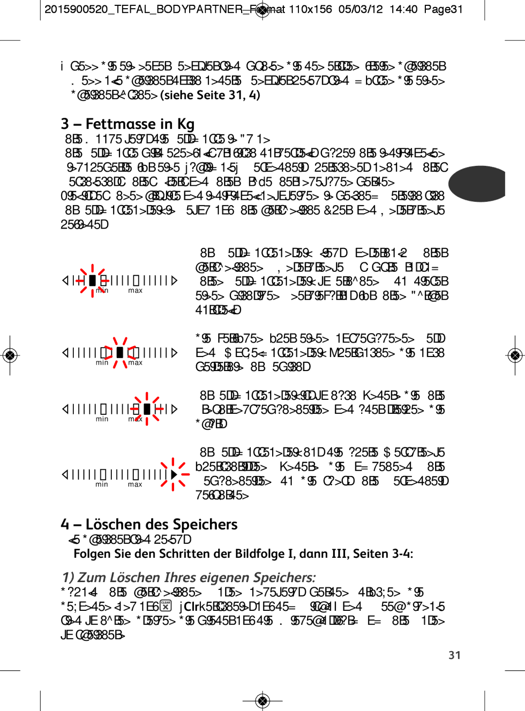 Tefal BM6001V0, BM6001BI manual Fettmasse in Kg, Löschen des Speichers, Zum Löschen Ihres eigenen Speichers 