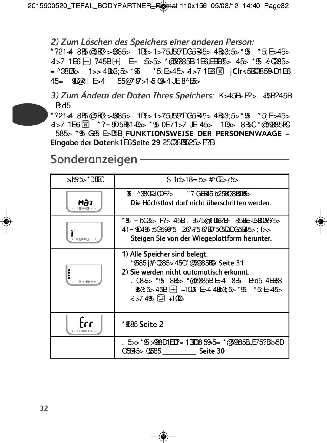 Tefal BM6001BI, BM6001V0 manual Sonderanzeigen, Zum Löschen des Speichers einer anderen Person, Siehe Seite 