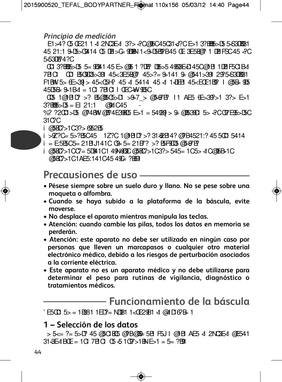 Tefal BM6001BI, BM6001V0 Precausiones de uso, Funcionamiento de la báscula, Selección de los datos, Principio de medición 