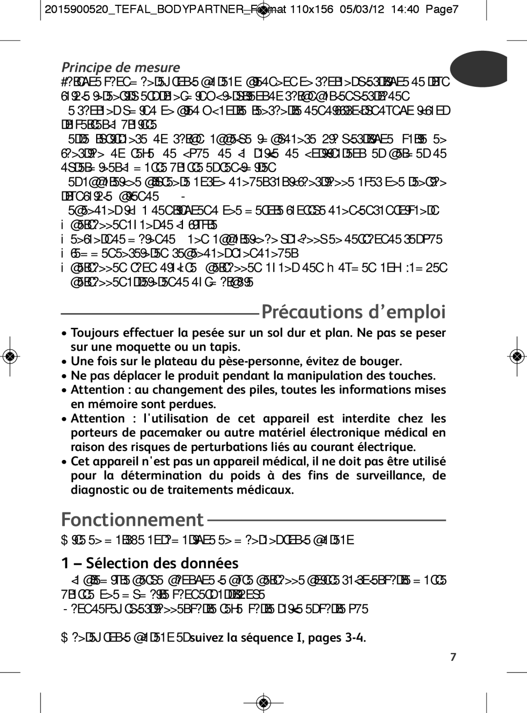 Tefal BM6001V0, BM6001BI manual Précautions d’emploi, Fonctionnement, Sélection des données, Principe de mesure 