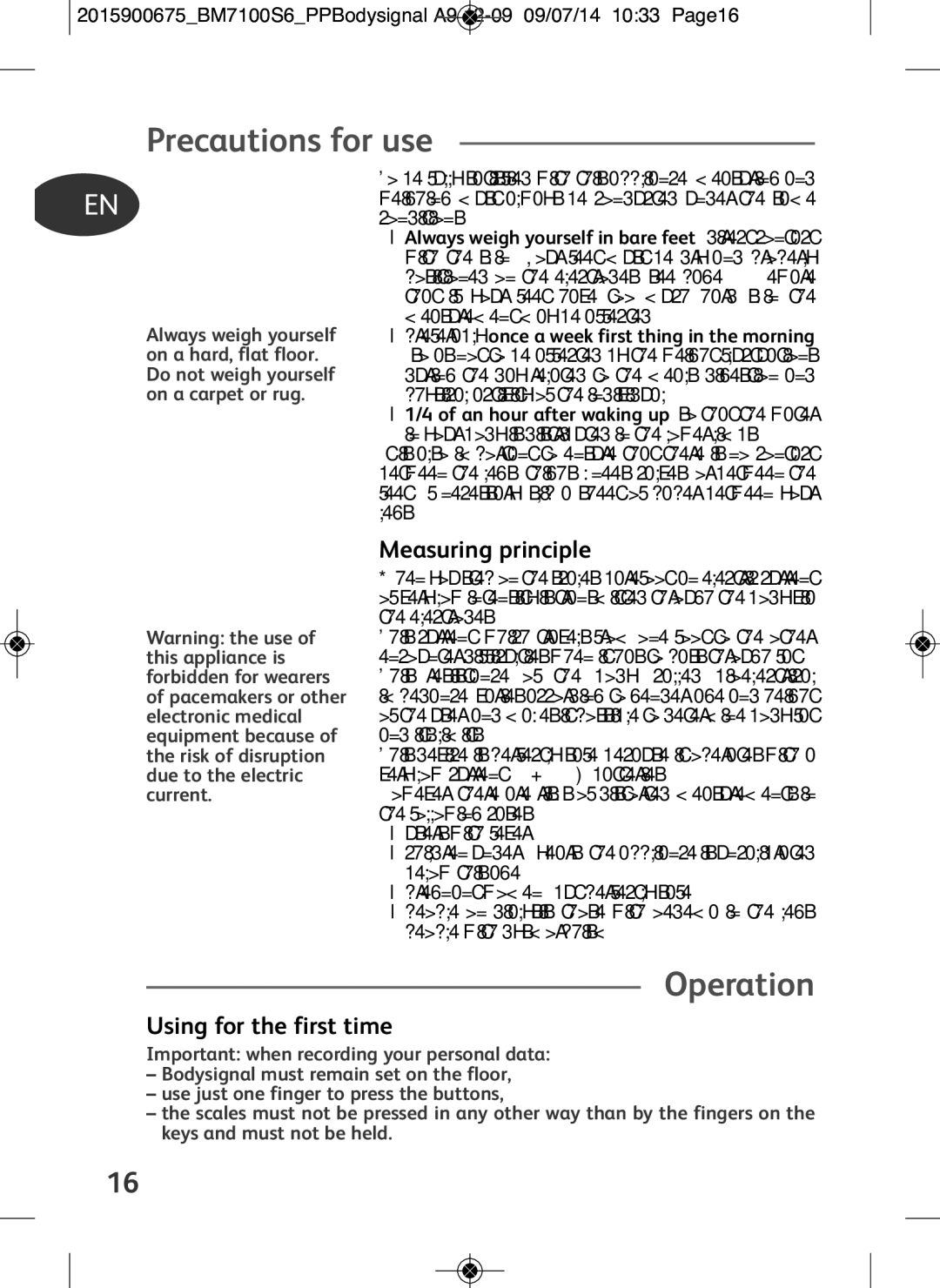 Tefal BM7100S5, BM7100S6 manual Precautions for use, Operation, Measuring principle, Using for the first time 