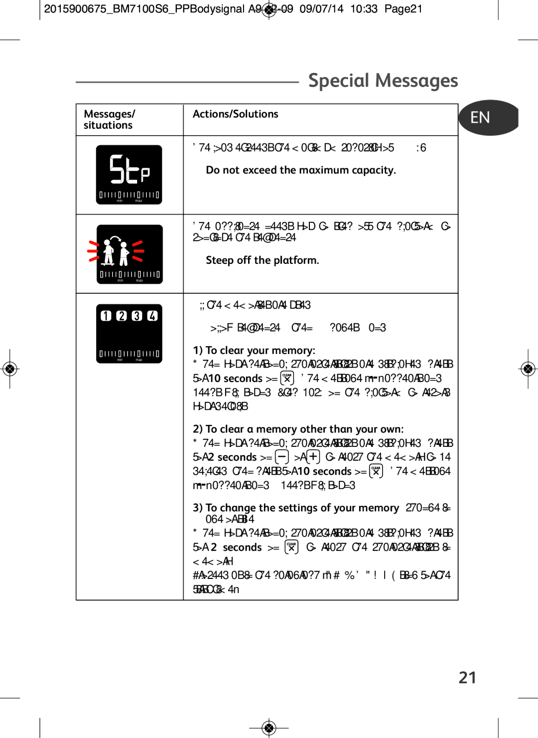 Tefal BM7100S6 manual Special Messages, Steep off the platform, To clear your memory, To clear a memory other than your own 
