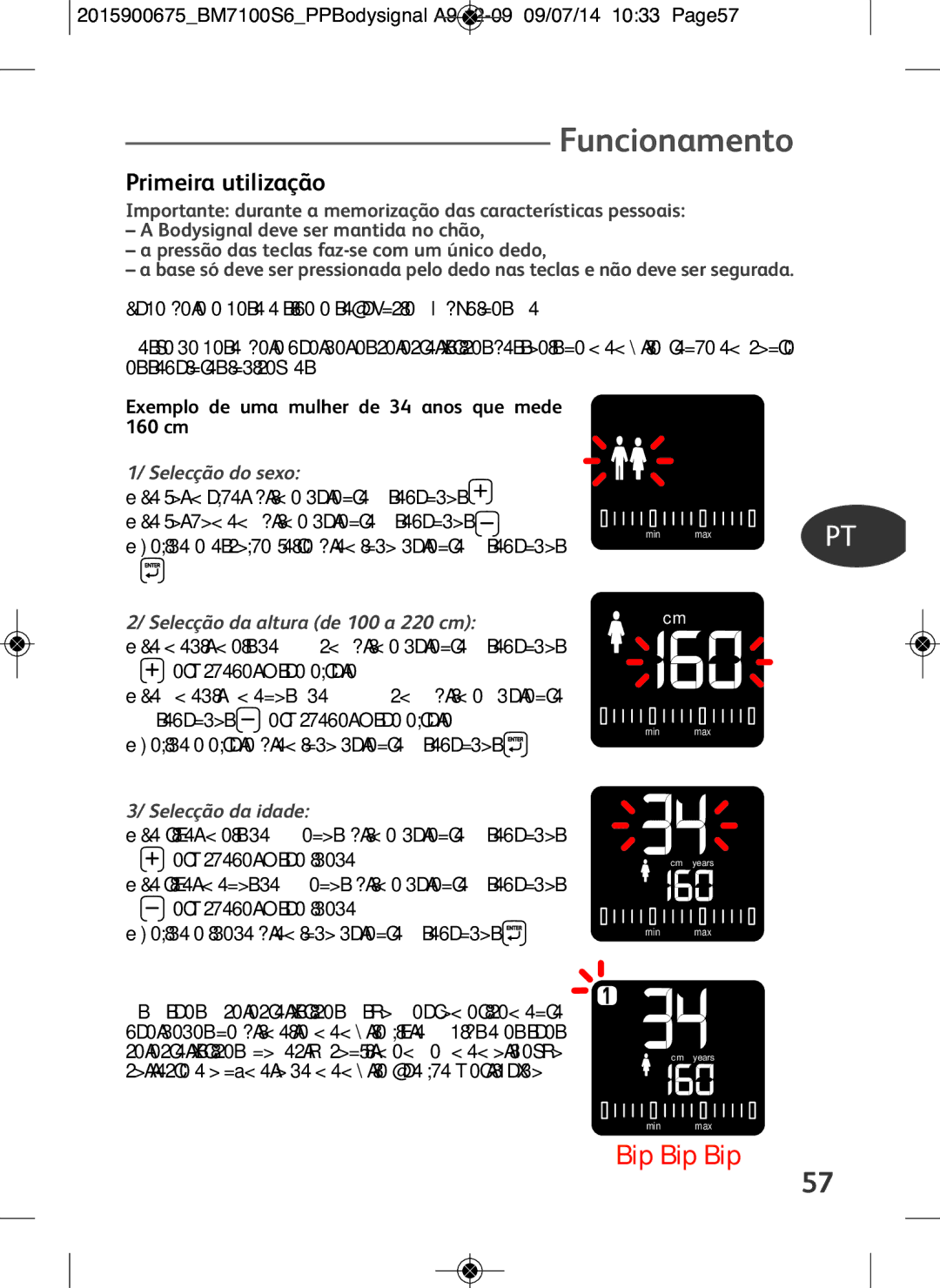 Tefal BM7100S6, BM7100S5 manual Funcionamento, Primeira utilização, Exemplo de uma mulher de 34 anos que mede 160 cm 