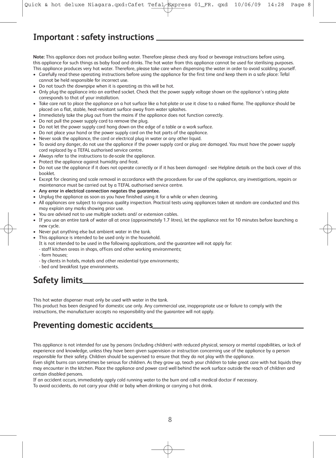 Tefal BR306845C manual Important safety instructions, Safety limits, Preventing domestic accidents 