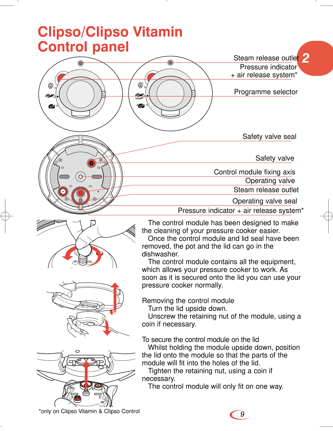 Tefal CLIPSO manual Clipso/Clipso Vitamin Control panel, Removing the control module Turn the lid upside down 