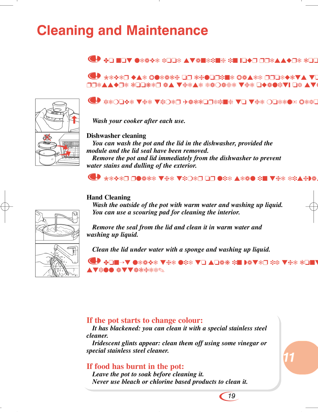 Tefal CLIPSO manual Cleaning and Maintenance, If the pot starts to change colour, If food has burnt in the pot 