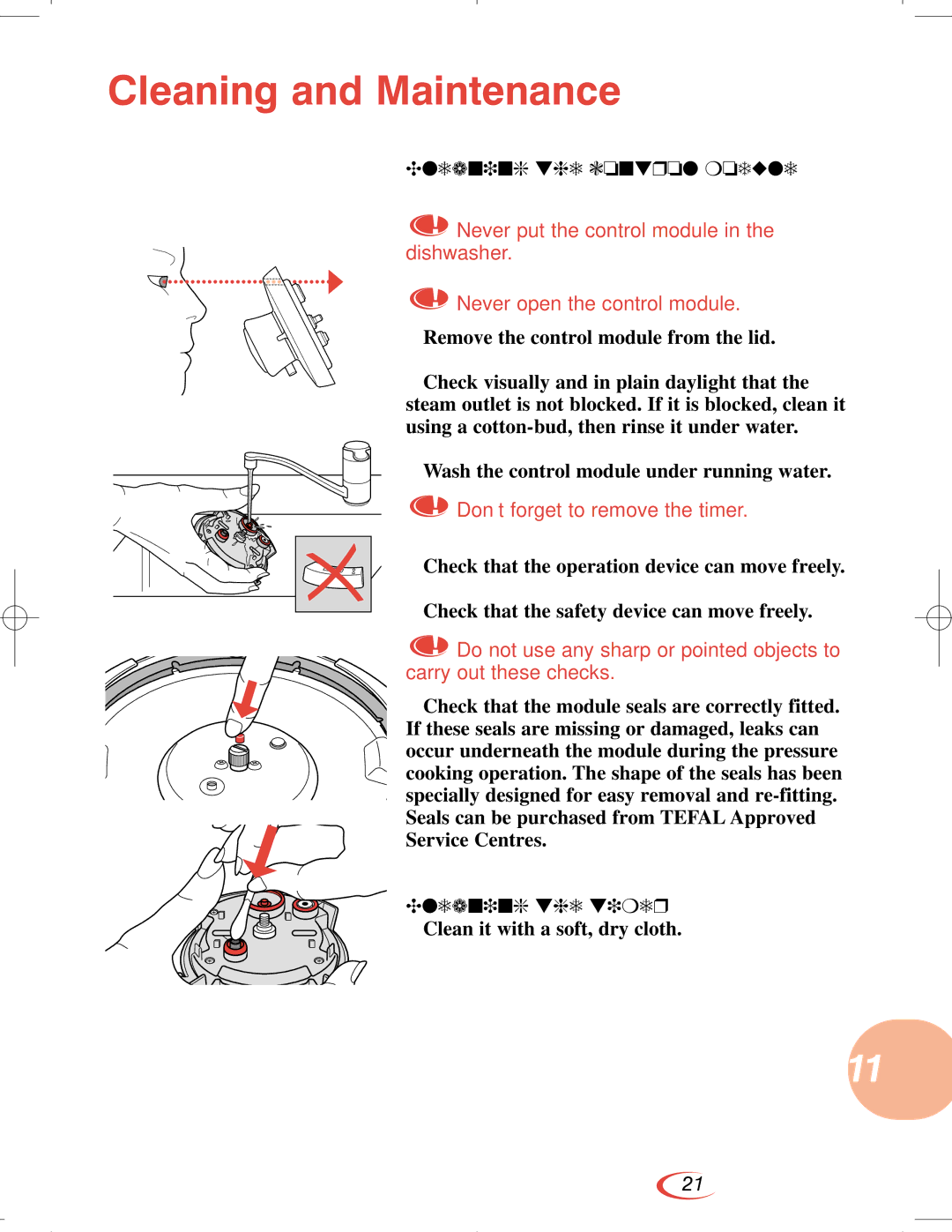 Tefal CLIPSO manual Cleaning the control module, Don’t forget to remove the timer, Cleaning the timer 