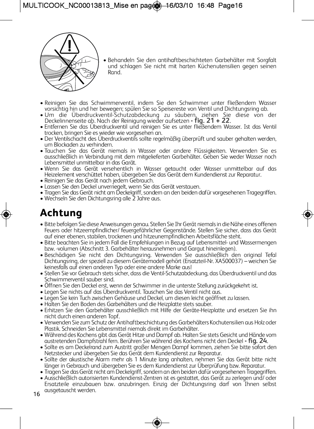 Tefal CY4000US, CY400070, CY400015 Achtung, MULTICOOKNC00013813Mise en page 1 16/03/10 1648 Page16, Ausgetauscht werden 