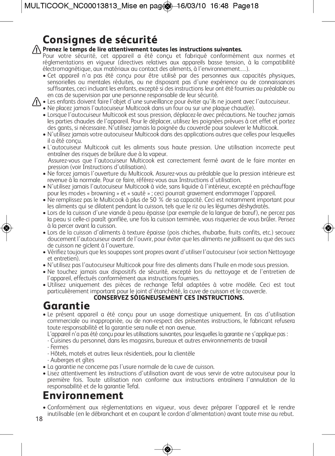 Tefal CY400015, CY400070 manual Consignes de sécurité, Environnement, MULTICOOKNC00013813Mise en page 1 16/03/10 1648 Page18 