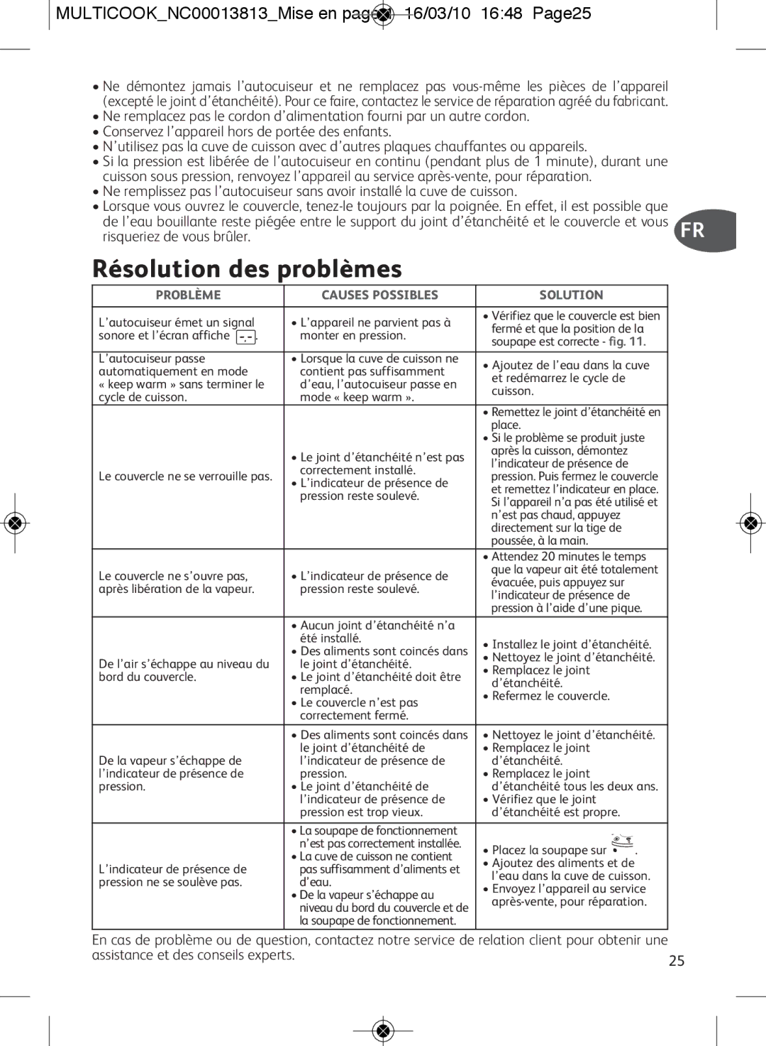 Tefal CY400051, CY400070, CY400015 manual Résolution des problèmes, MULTICOOKNC00013813Mise en page 1 16/03/10 1648 Page25 