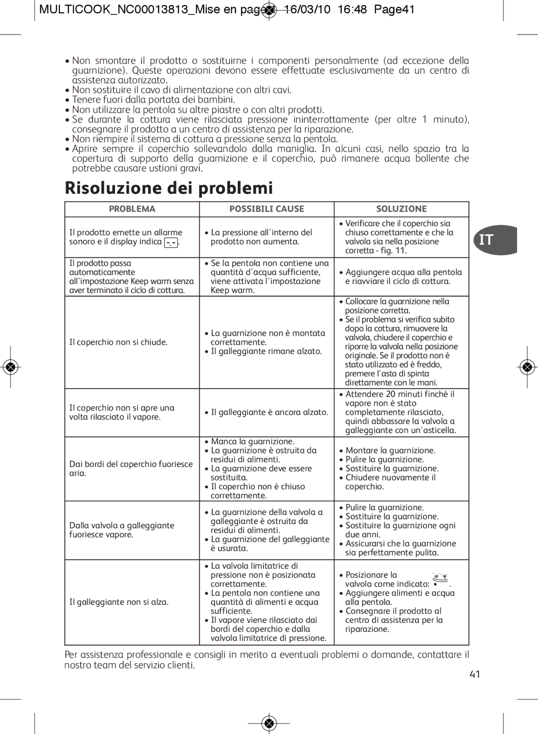 Tefal CY4000US, CY400070, CY400015 manual Risoluzione dei problemi, MULTICOOKNC00013813Mise en page 1 16/03/10 1648 Page41 