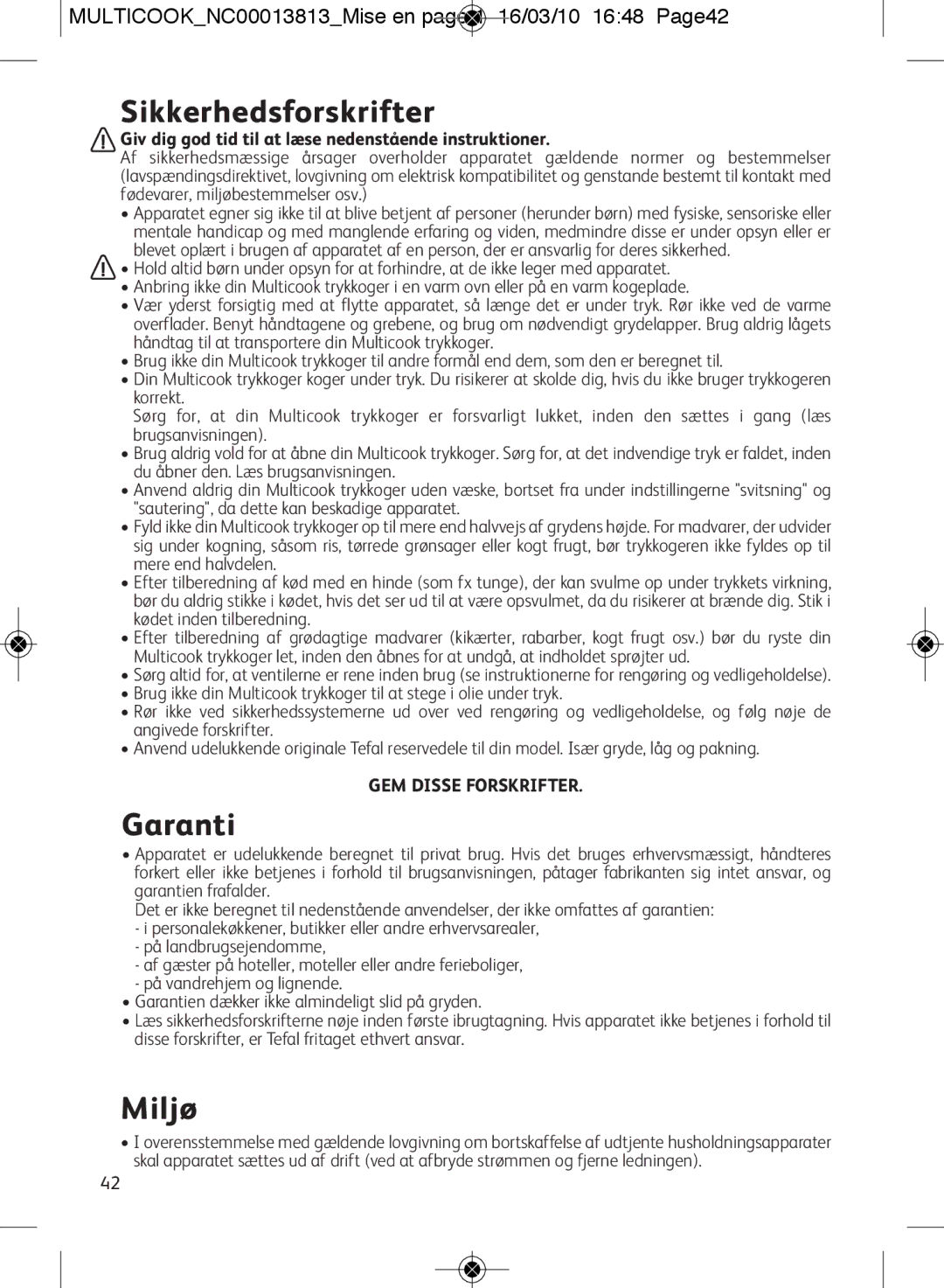 Tefal CY400070, CY400015 Sikkerhedsforskrifter, Garanti, Miljø, MULTICOOKNC00013813Mise en page 1 16/03/10 1648 Page42 