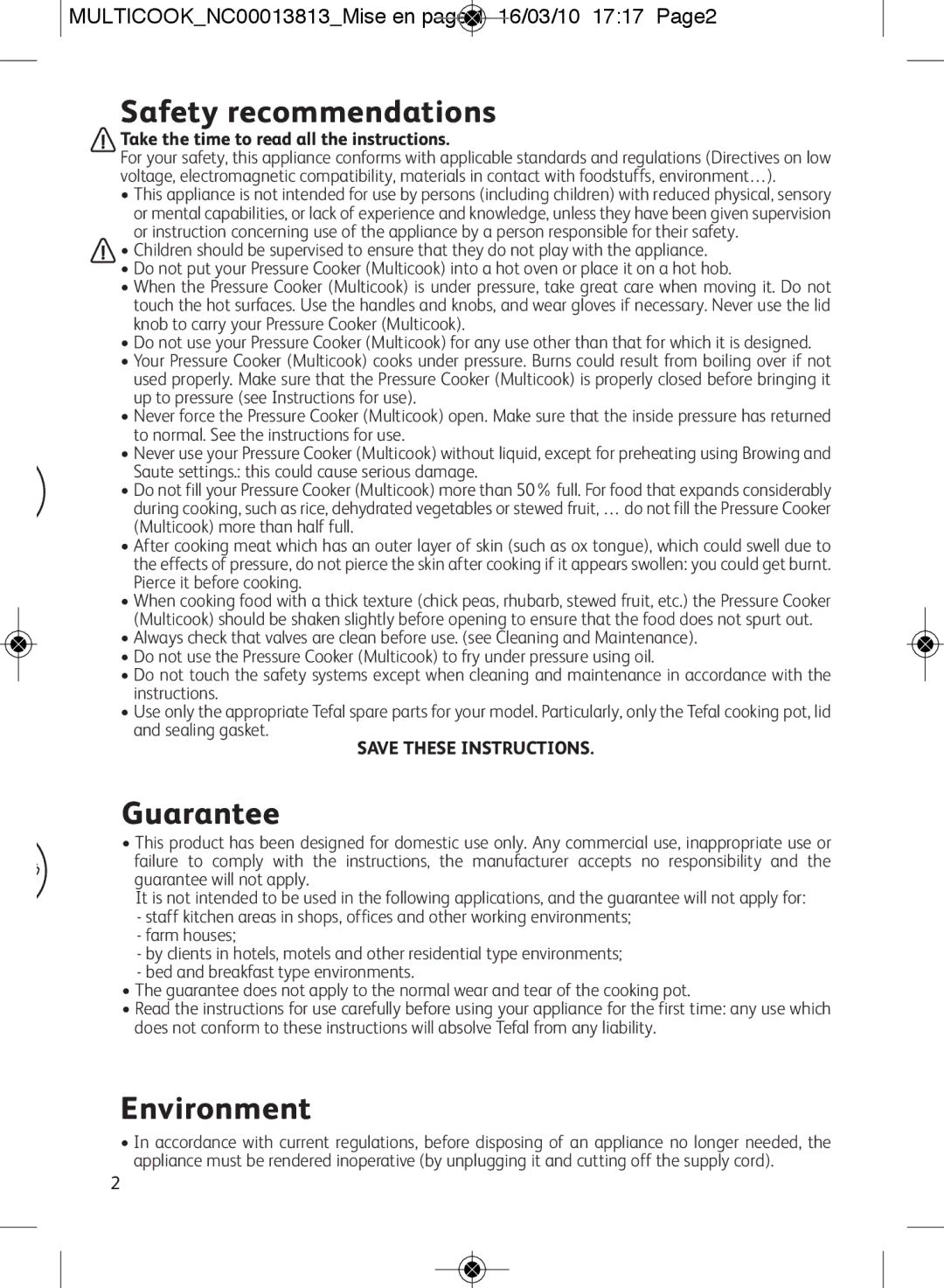 Tefal CY400070 manual Safety recommendations, Guarantee, Environment, MULTICOOKNC00013813Mise en page 1 16/03/10 1717 Page2 