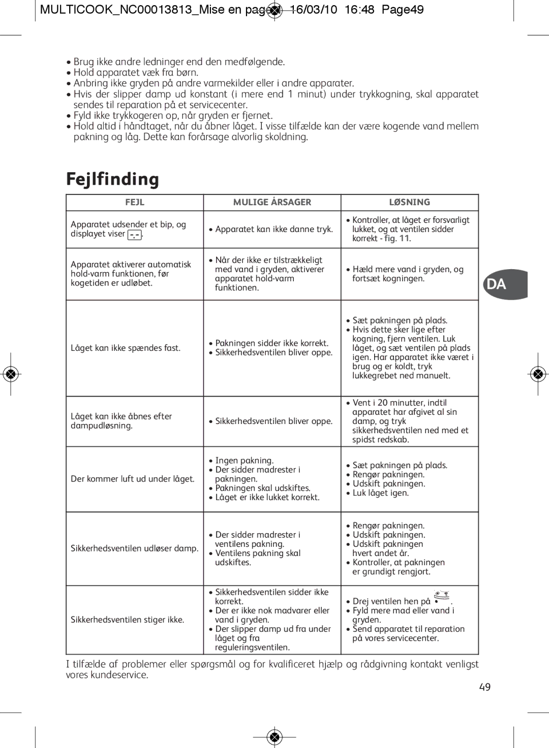 Tefal CY400052, CY400070 Fejlfinding, MULTICOOKNC00013813Mise en page 1 16/03/10 1648 Page49, Fejl Mulige Årsager Løsning 