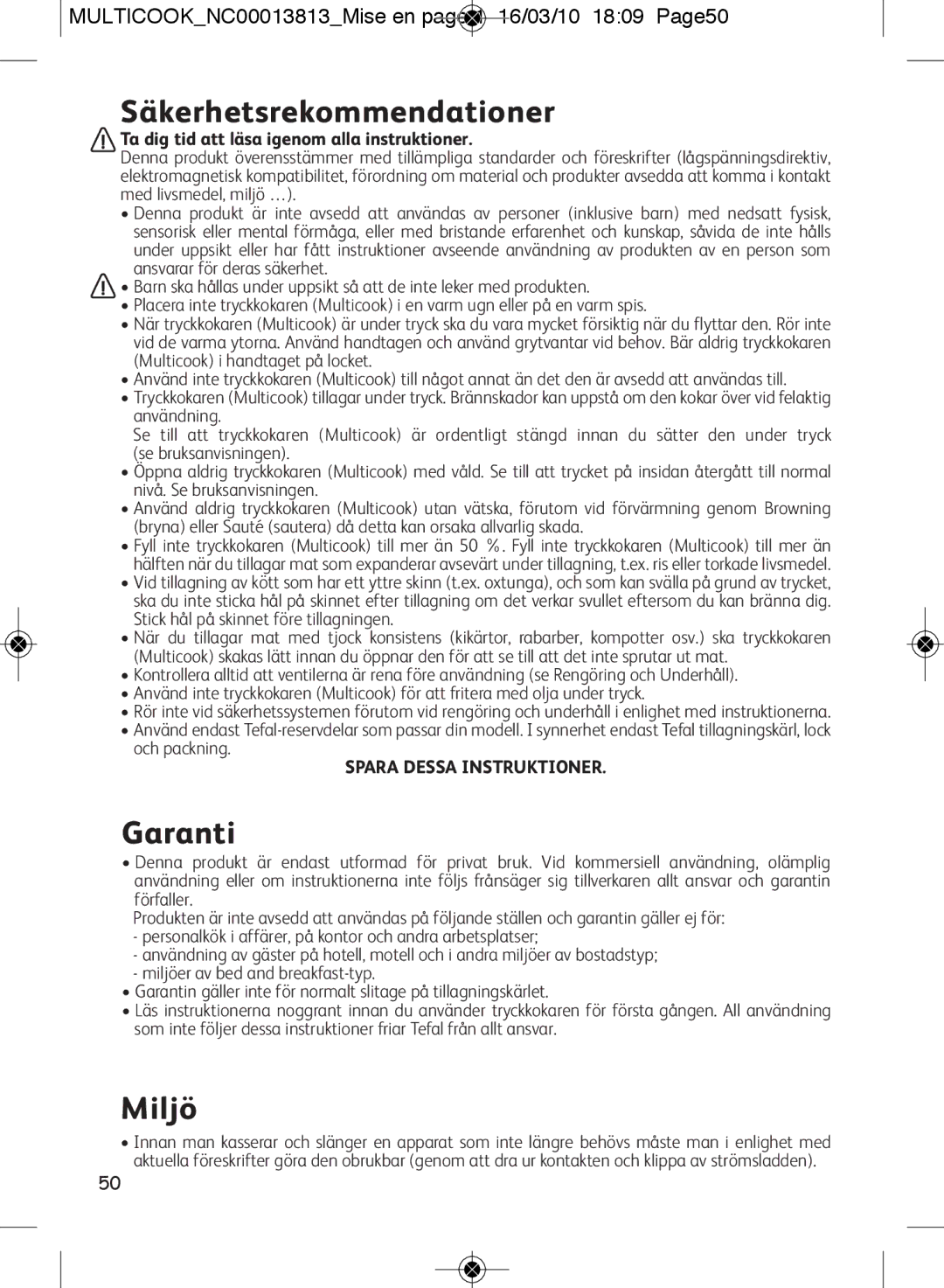 Tefal CY400051, CY400070, CY400015 Säkerhetsrekommendationer, Miljö, MULTICOOKNC00013813Mise en page 1 16/03/10 1809 Page50 