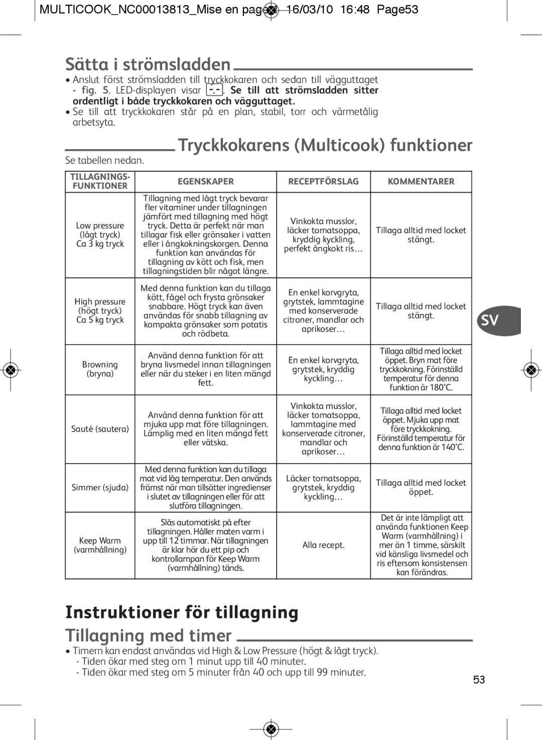 Tefal CY400015, CY400070, CY400052 Sätta i strömsladden, Tryckkokarens Multicook funktioner, Instruktioner för tillagning 