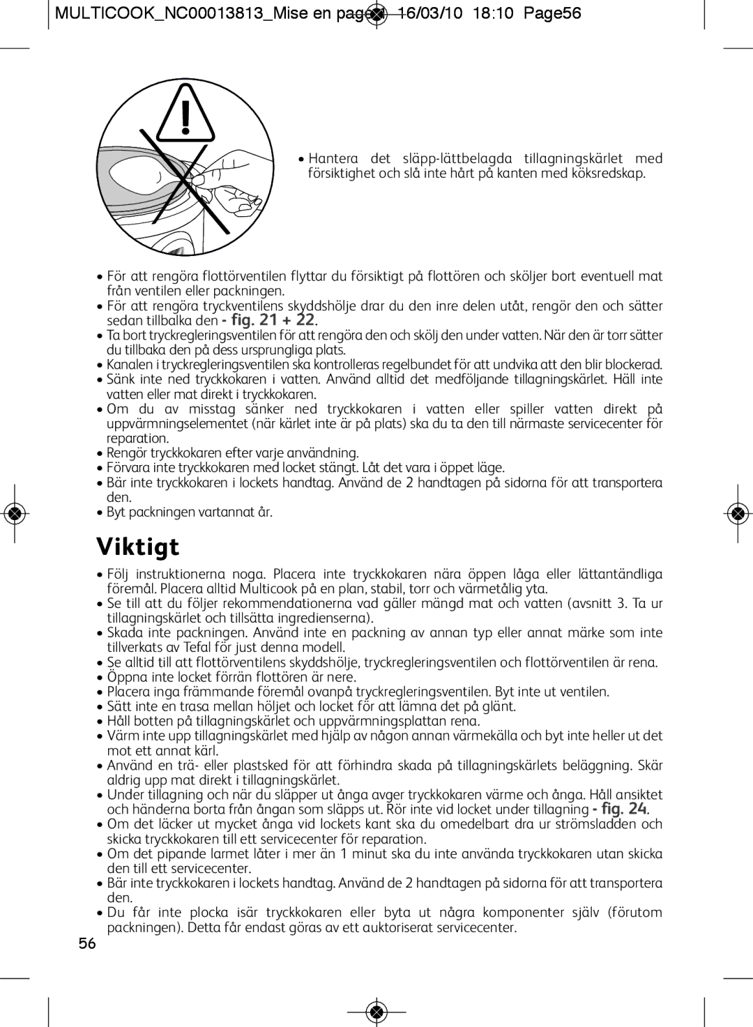 Tefal CY4000US, CY400070, CY400015, CY400052, CY400051 manual Viktigt, MULTICOOKNC00013813Mise en page 1 16/03/10 1810 Page56 