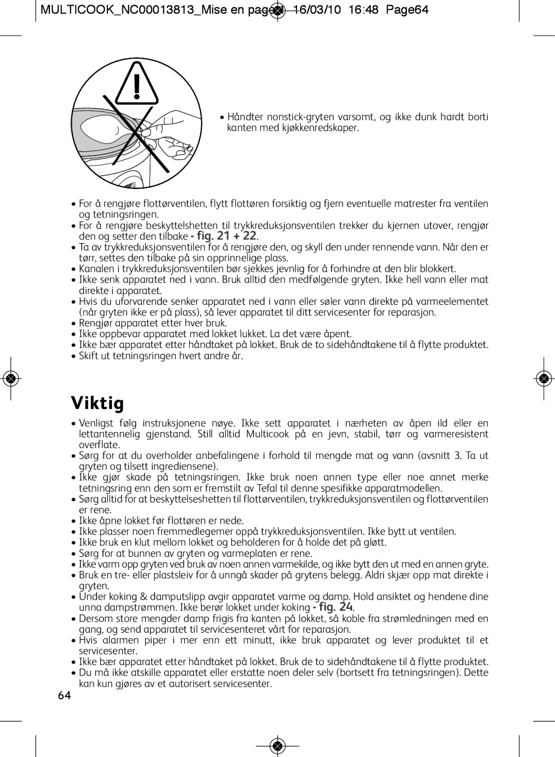 Tefal CY400052, CY400070, CY400015, CY400051, CY4000US manual Viktig, MULTICOOKNC00013813Mise en page 1 16/03/10 1648 Page64 